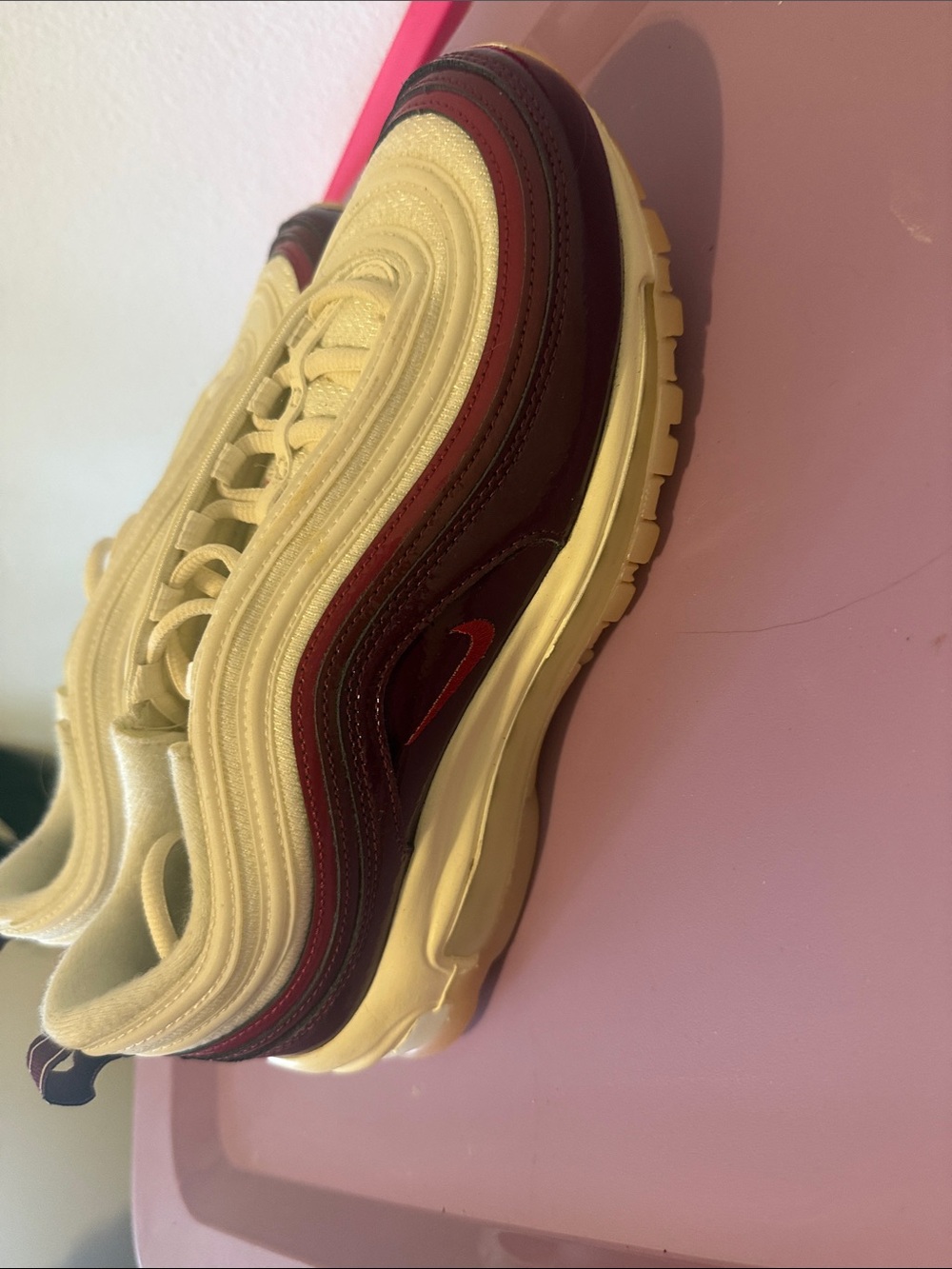 Nike Air Max 97 Sneakers - Cream & Burgundy with Red Swoosh